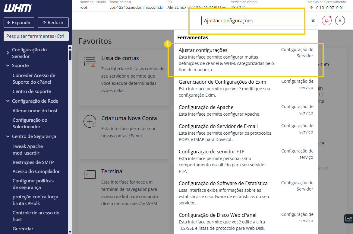 Imagem mostra a pesquisa por "Ajustar configurações"