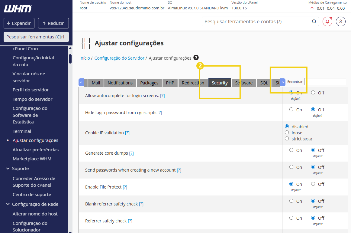 Imagem mostra a tela do WHM em "Ajustar configurações", a busca por Security