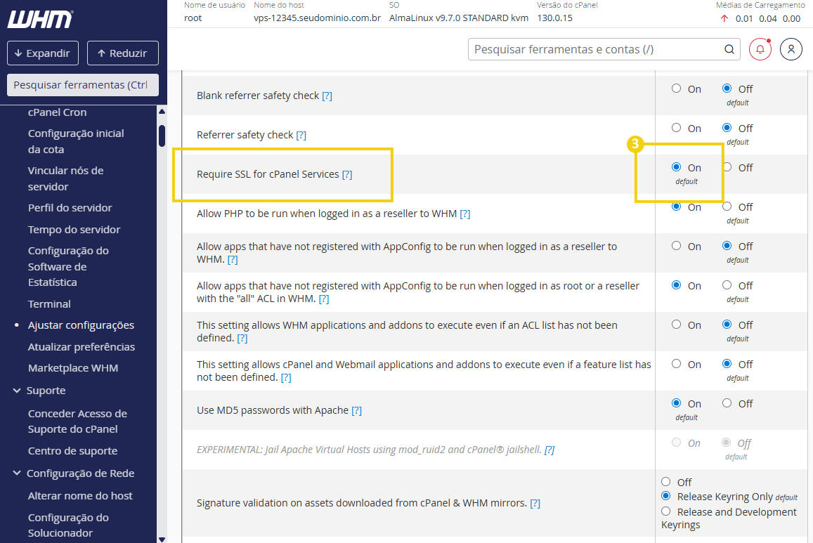 Imagem mostra que a opção Require SSL for cPanel Services deve estar habilitada em 'on'