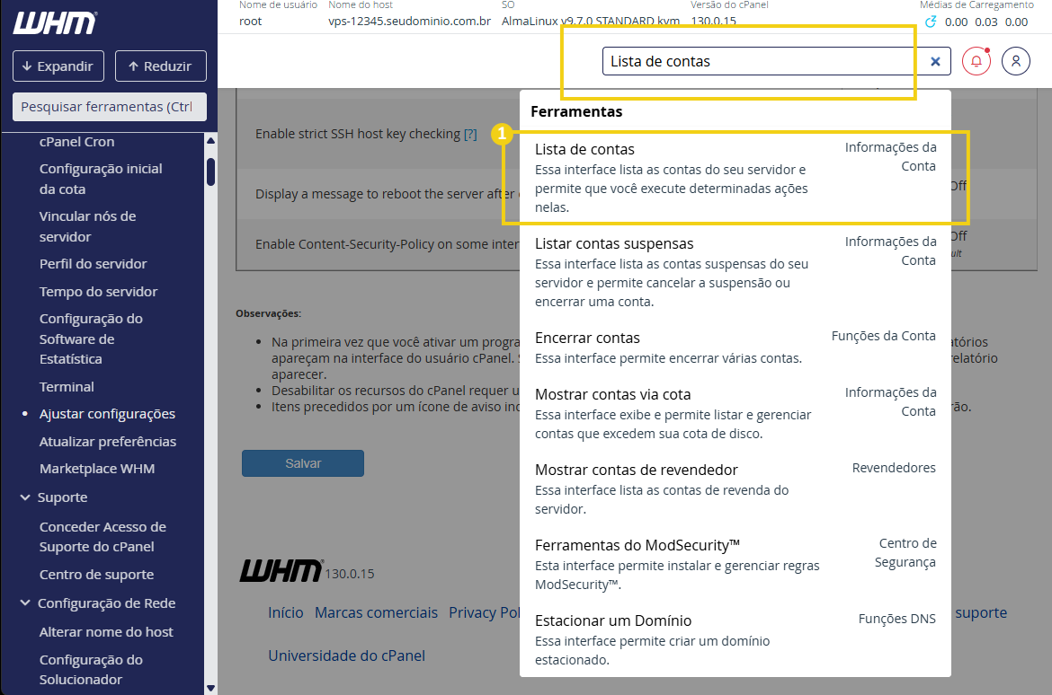 Imagem mostra a busca no WHM por Lista de contas e deve-se clicar na opção encontrada