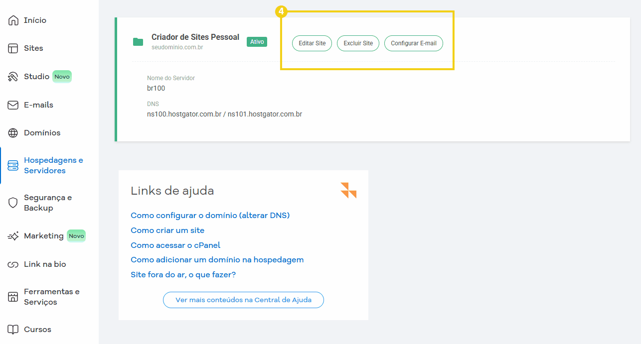 Tela de gerenciamento do serviço de hospedagem no HostGator, mostrando opções para editar, excluir site ou configurar e-mail, voltado para gerenciamento de servidores.