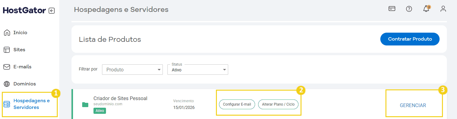 Tela de gerenciamento de hospedagem e servidores no painel HostGator, com opções para configurar e gerenciar e-mails e domínios, destacando a interface amigável.