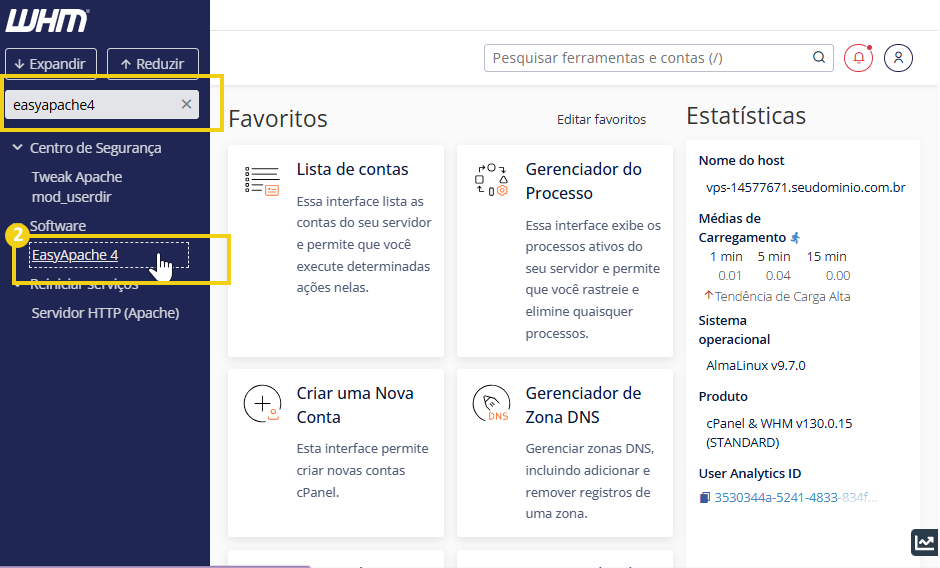 Imagem mostra painel de gerenciamento WHM, destacando menu de busca lateral com o termo "easyapache4" digitado