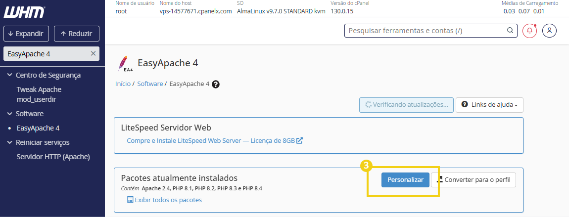 Imagem mostra painel de gerenciamento do easyapache4, destacando botão azul "Personalizar"