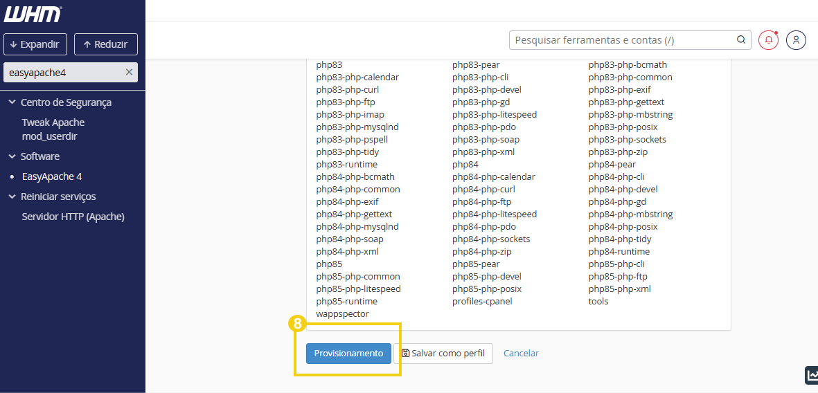 Imagem mostra tela de gerenciamento do EasyApache 4, destacando botão "Provisionamento"