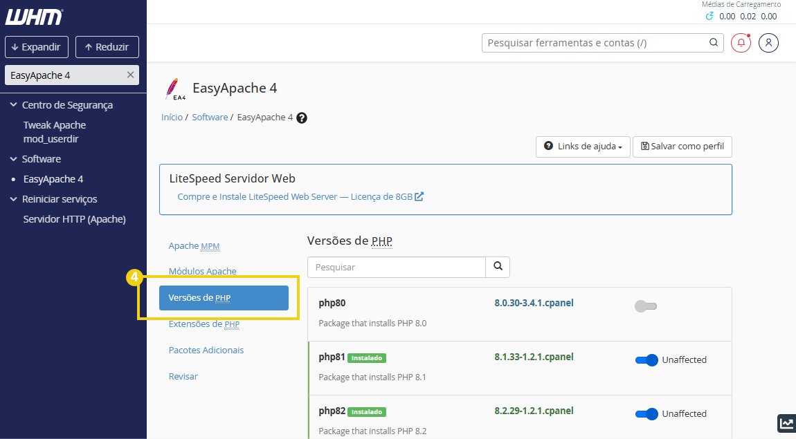 Imagem mostra painel de gerenciamento do easyapache4, destacando opção "versões de PHP"