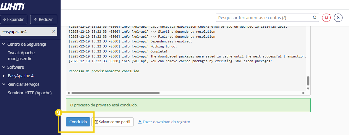 Imagem da tela de conclusão da instalação no WHM, destacando botão "Concluído"