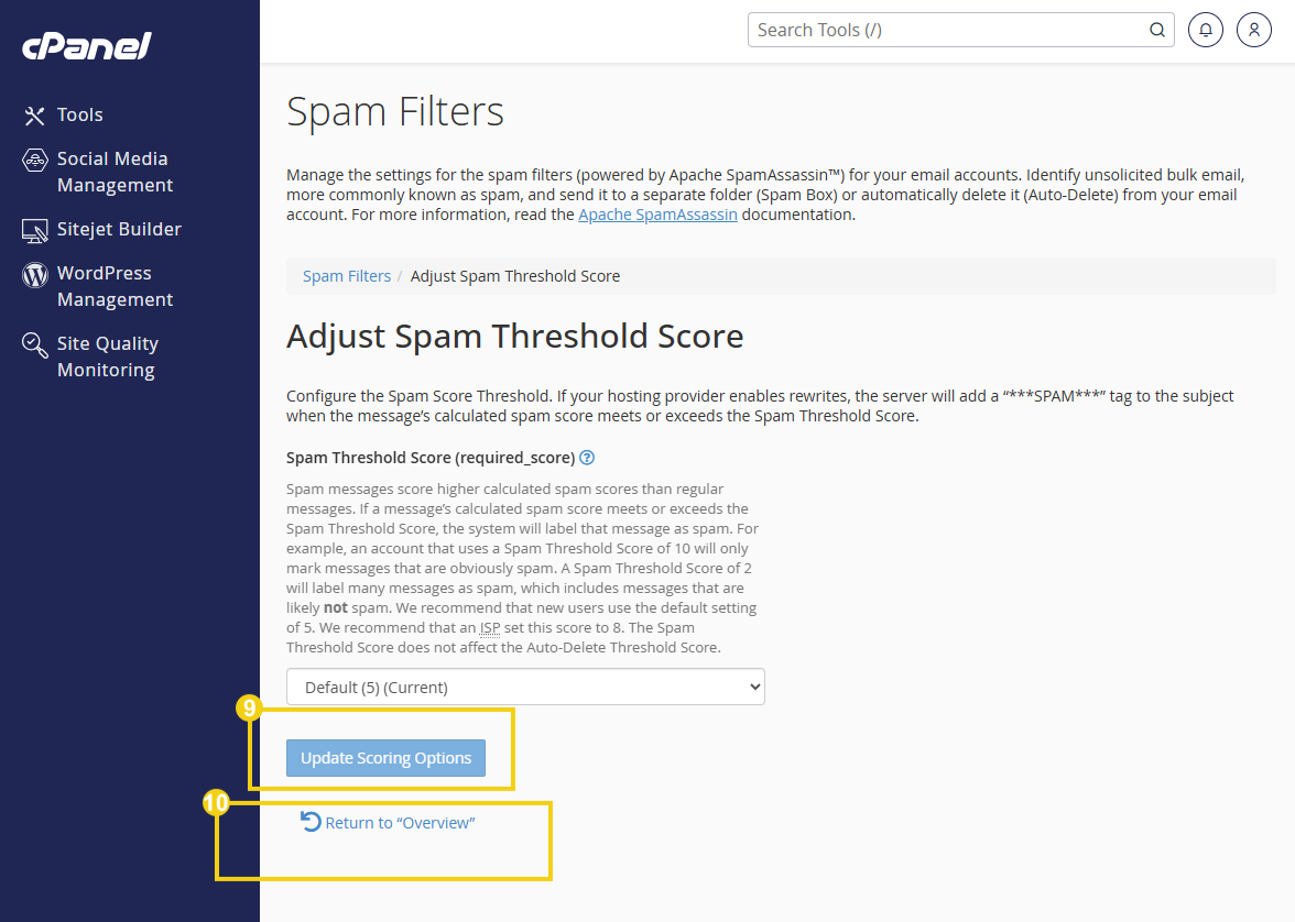 Tela de configuração do filtro de spam no cPanel, mostrando opções para ajustar a pontuação de spam e prevenir mensagens indesejadas.