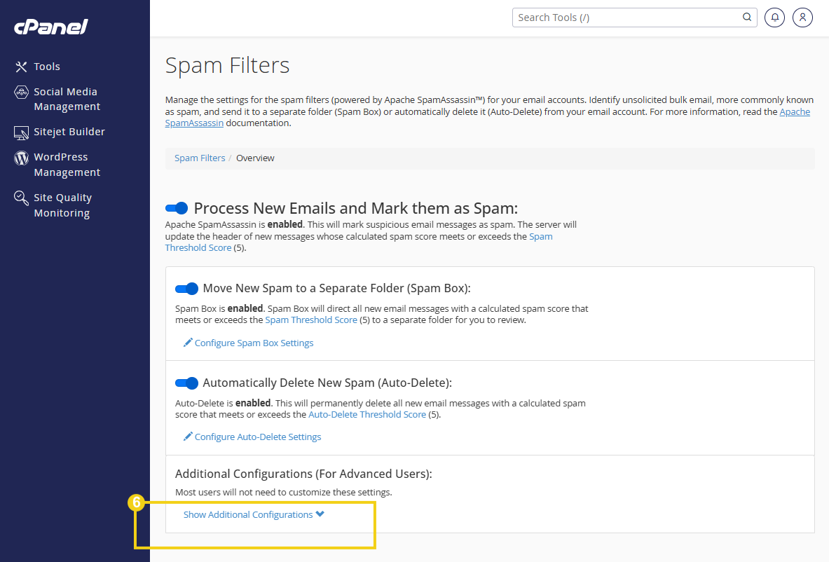 Imagem mostra a tela do cPanel na área para mostrar as configurações adicionais da lista de bloqueio