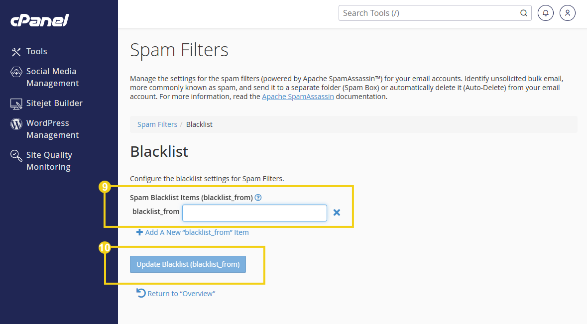 Imagem de uma tela de configuração de filtro de spam no painel do cPanel, destacando a opção de adicionar uma nova lista de permissões de spam.