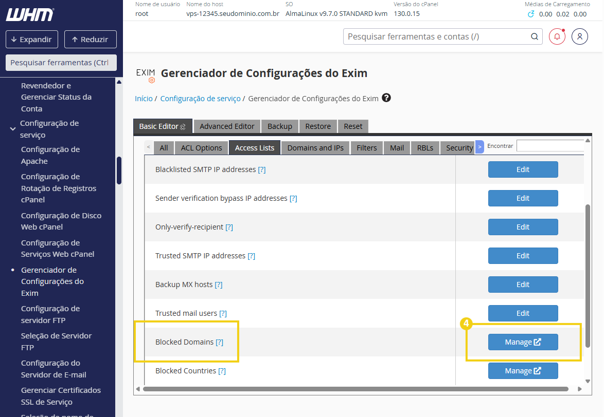 Imagem do painel de controle do gerenciador de configuração do exim, com opções de segurança e configurações avançadas
