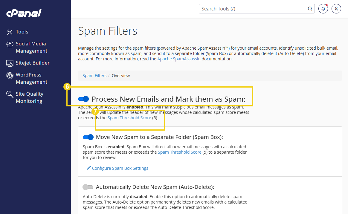 Configuração de filtros de spam no cPanel para gerenciar e marcar emails suspeitos, incluindo mover spam para pasta separada e ativar exclusão automática.