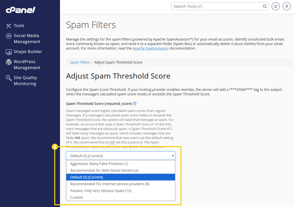 Imagem mostra no cPanel a tela para ajustar o filtro do spam