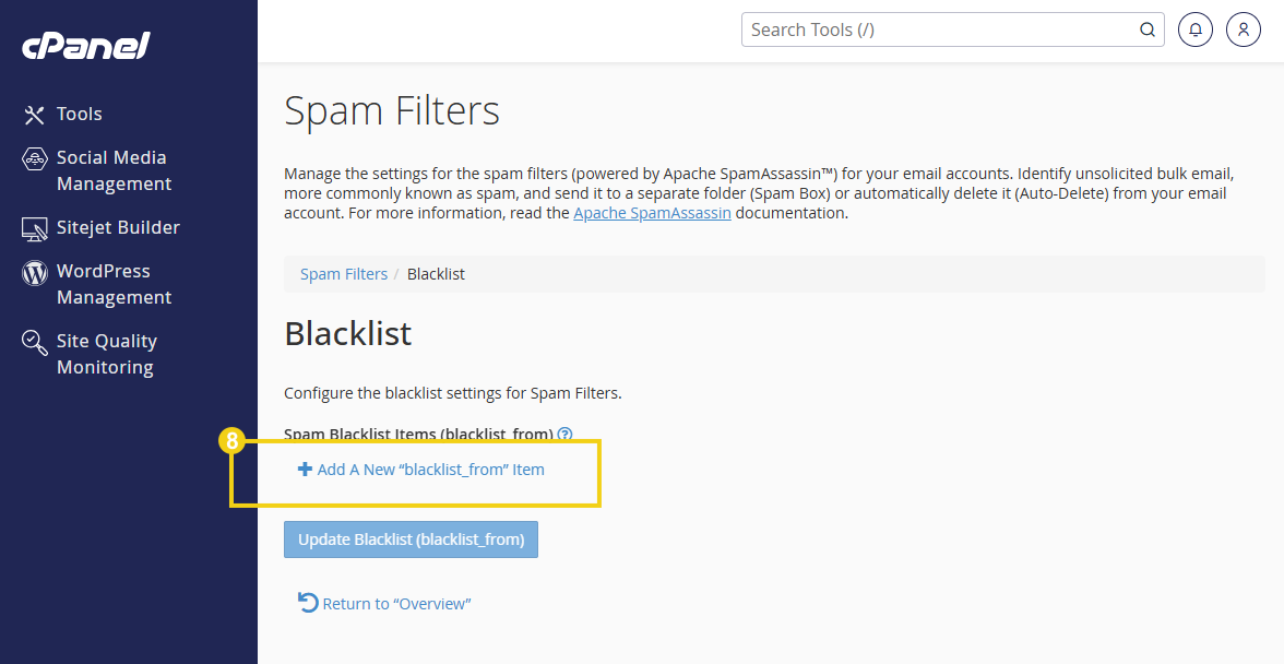 Imagem do cPanel que mostra a tela para adicionar um novo item a lista de bloqueio