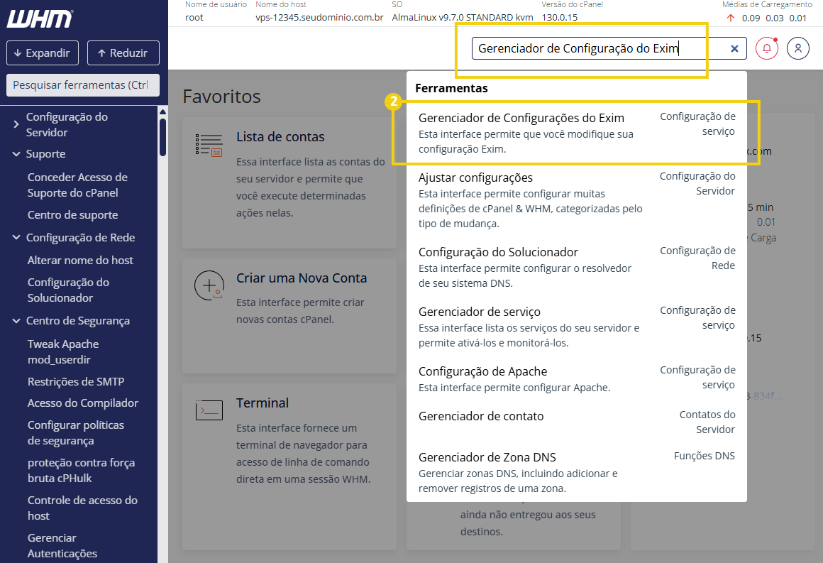 Imagem da interface do WHM, painel de administração de servidores, com opções como listar contas, criar nova conta, gerenciador de processos e DNS Zone Manager, no contexto de gerenciamento de servidores.