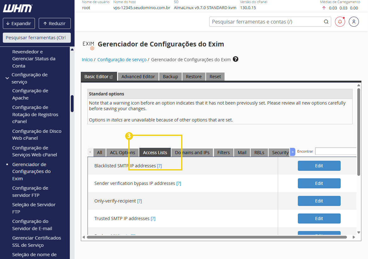 Imagem do cPanel na área de gerenciamento do Exim, para acessar a configuração de listas de acesso