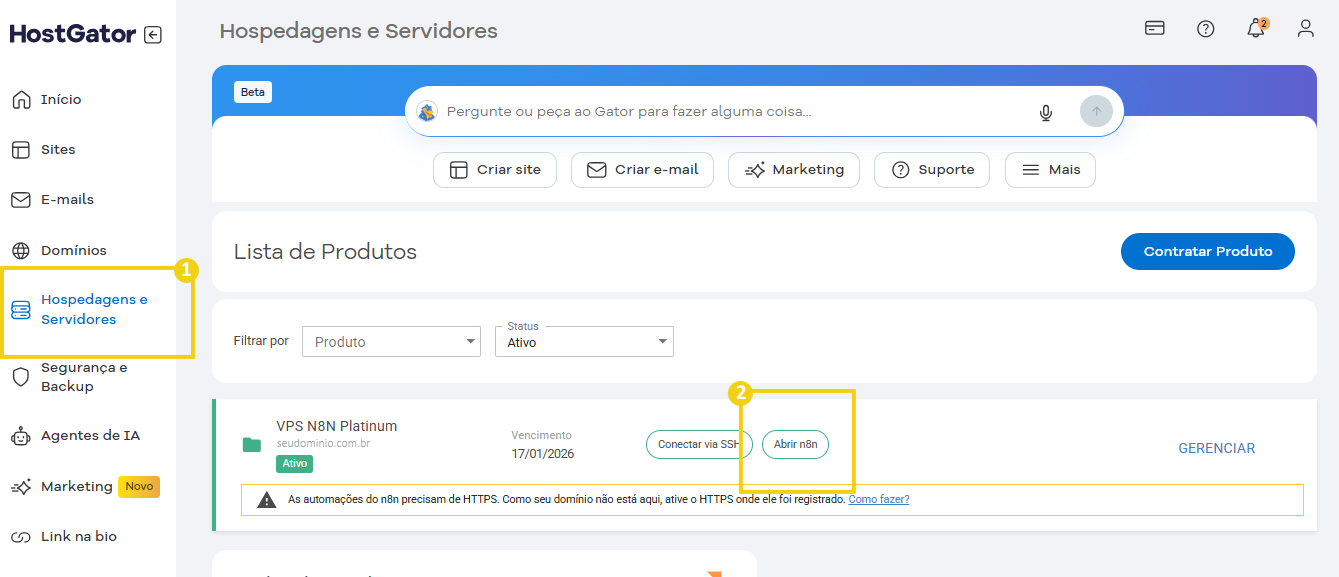 Tela do painel do HostGator mostrando a aba de hospedagens e servidores, com opções de administrar o produto VPS destacando o botão abrir n8n
