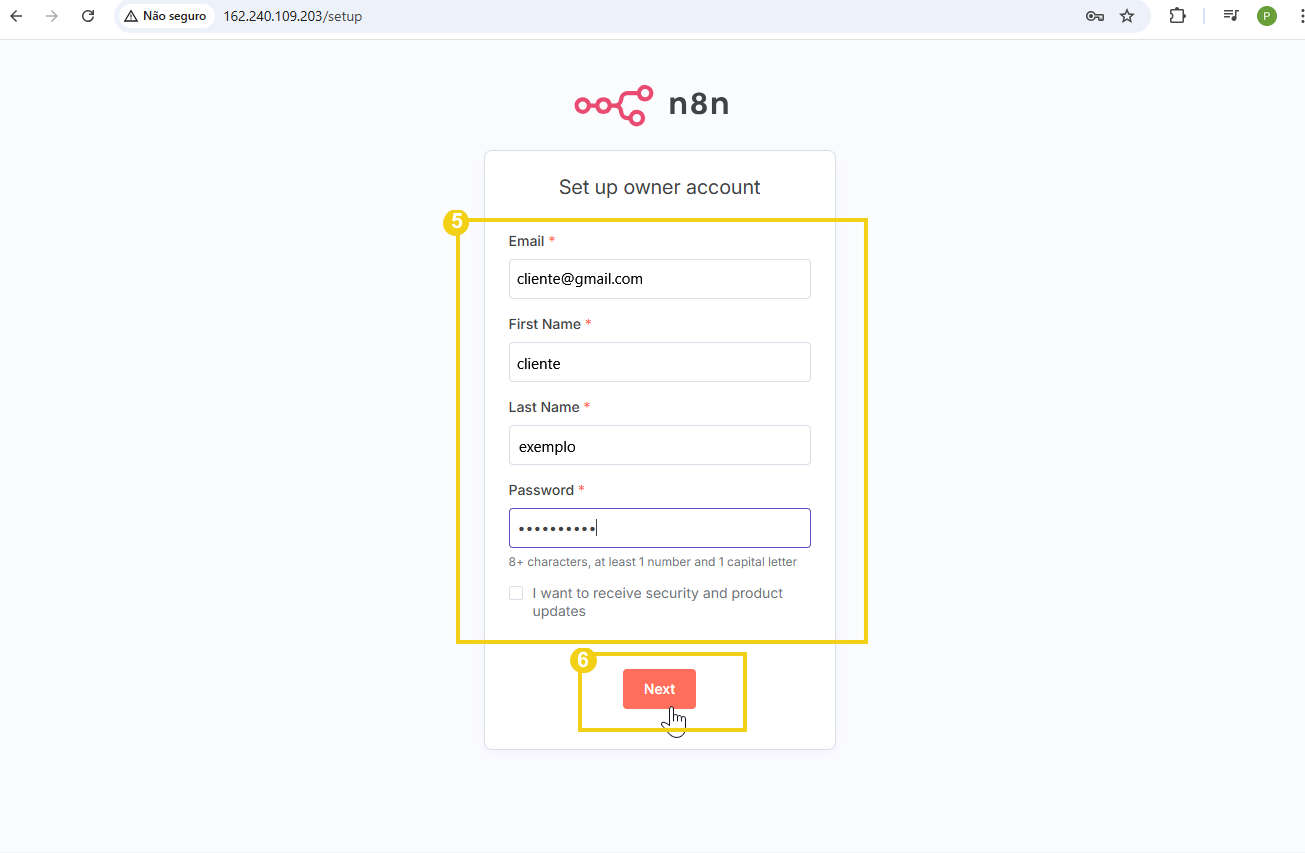 cadastro na tela do login do n8n quando é a primeira vez que se acessa