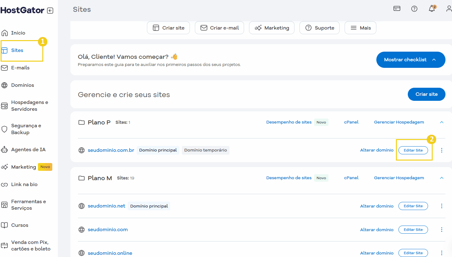 Tela do painel de gerenciamento de sites no HostGator, destacando a opção de editar site para otimizar a criação de sites e hospedagem