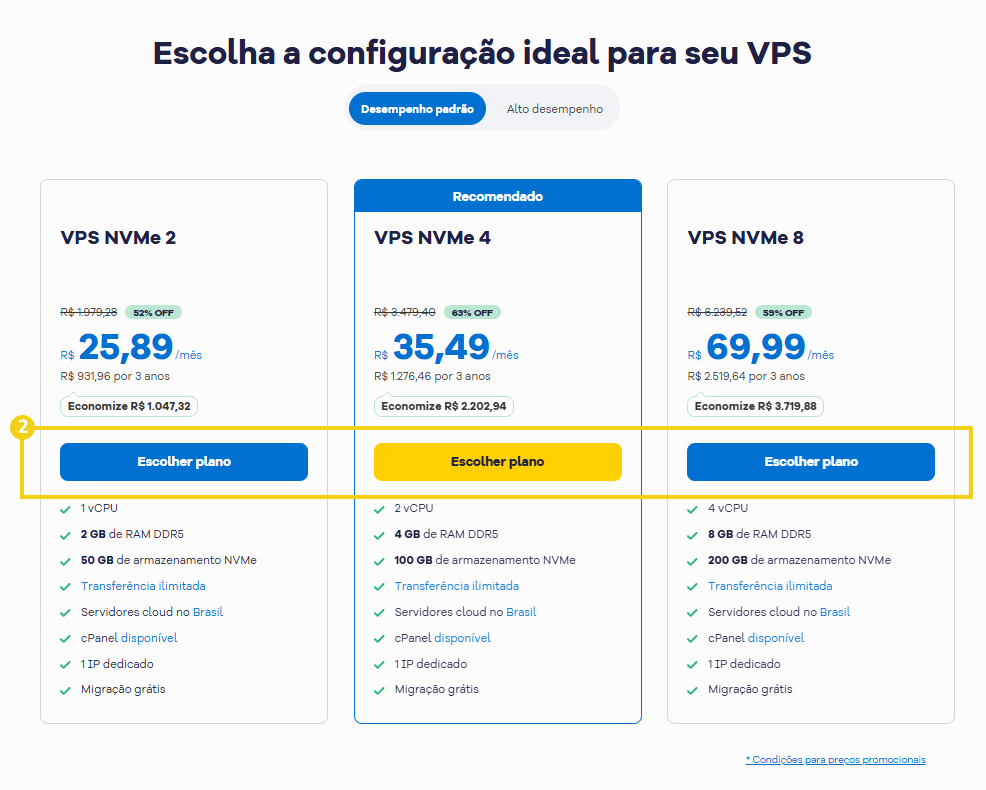 Imagem mostra a tela do site da HostGator na página das novas VPS para que se escolha um dos planos