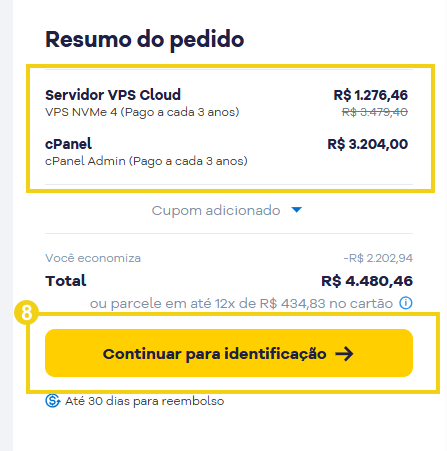 Imagem mostra a tela do carrinho na HostGator para revisar as informações e clicar no botão "Continuar para identificação"