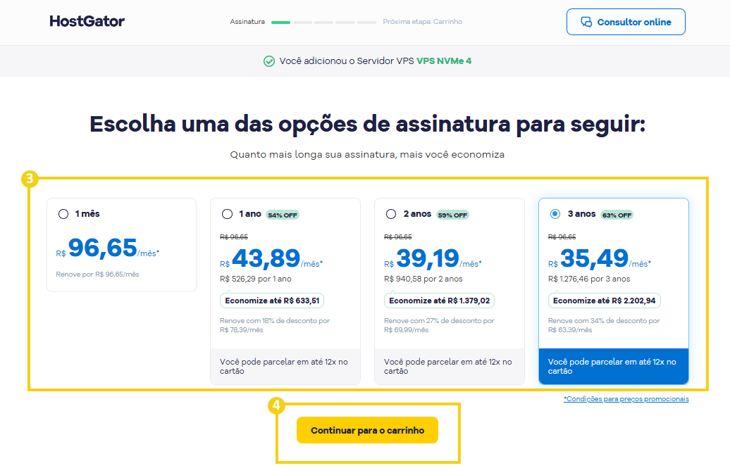 Imagem mostra a tela do site da HostGator na página das novas VPS para que se escolha o ciclo de pagamento