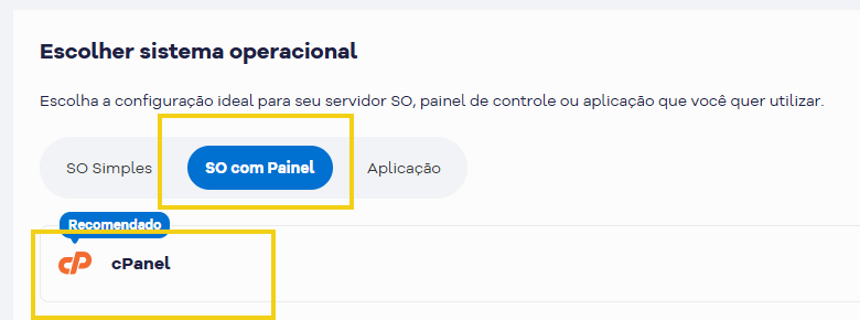 Imagem mostra a opção de contratar a VPS com o painel de controle cPanel