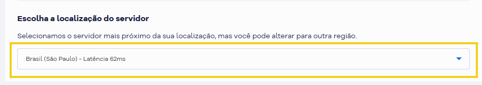 Imagem mostra a tela do carrinho na HostGator para escolher a localização do servidor