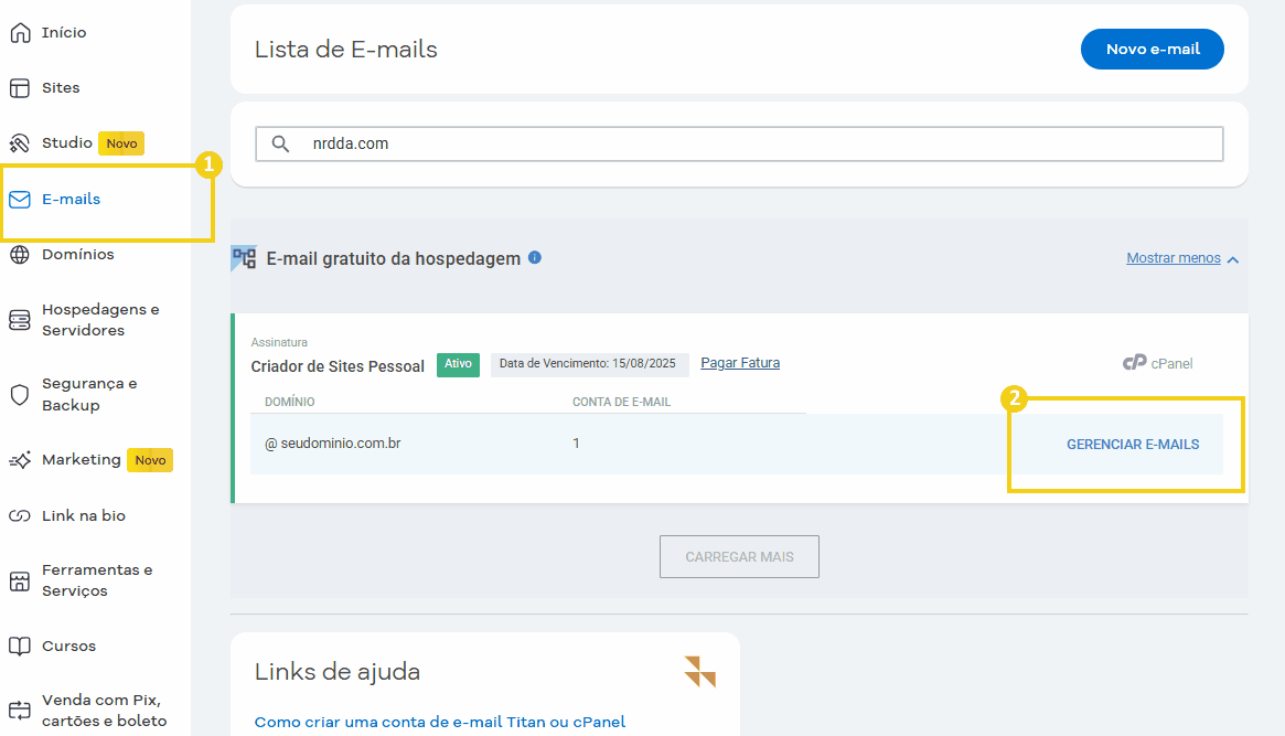 Tela do painel do HostGator mostrando opções de gerenciamento de e-mails na sua conta de hospedagem, incluindo a lista de e-mails e o botão de gerenciar e-mails