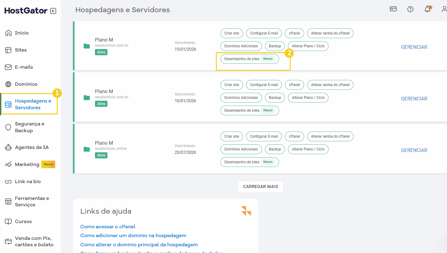 hospedagens e servidores e desempenho do site