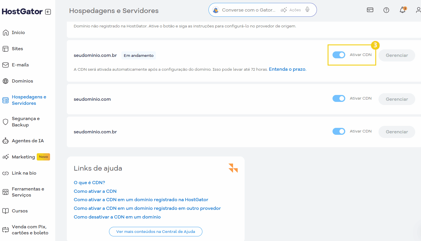 Tela do painel de hospedagem e servidores da plataforma HostGator, mostrando como ativar a cdn.