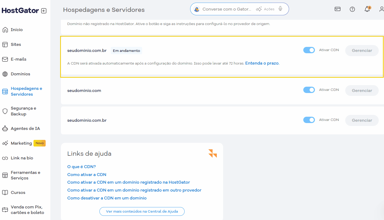 Tela do painel de hospedagem e servidores da plataforma HostGator, mostrando o status de um domínio que está em andamento com ativação de CDN pendente.