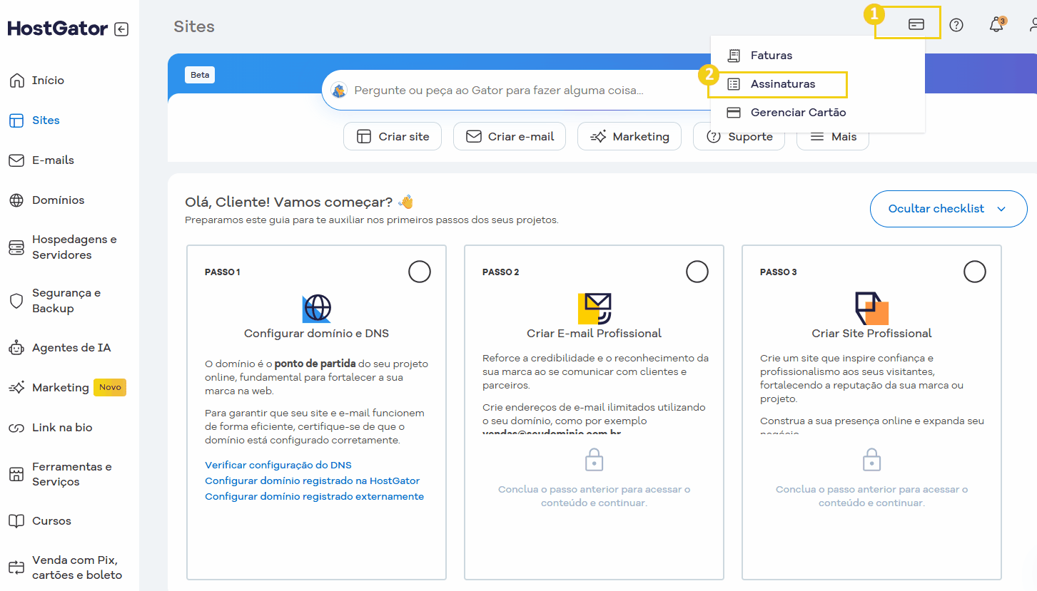 Tela do Portal do Cliente que destaca no menu superior o ícone de cartão de crédito e em seguida Assinaturas