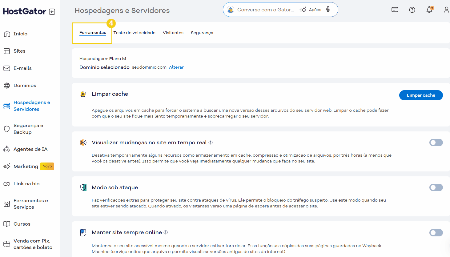 Tela da plataforma HostGator mostrando configurações de CDN para otimizar o desempenho do site e melhorar a segurança.