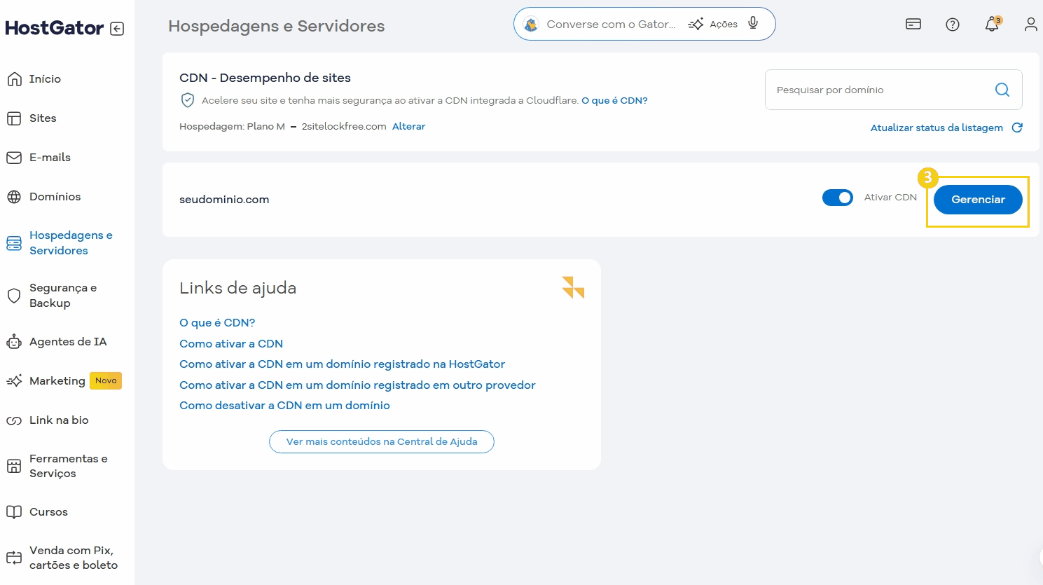 Imagem do painel de controle do HostGator com foco na lista de sites hospedados, destacando a opção de gerenciar sites e criar novos. Interface intuitiva e opções de otimização de sites para melhor desempenho.