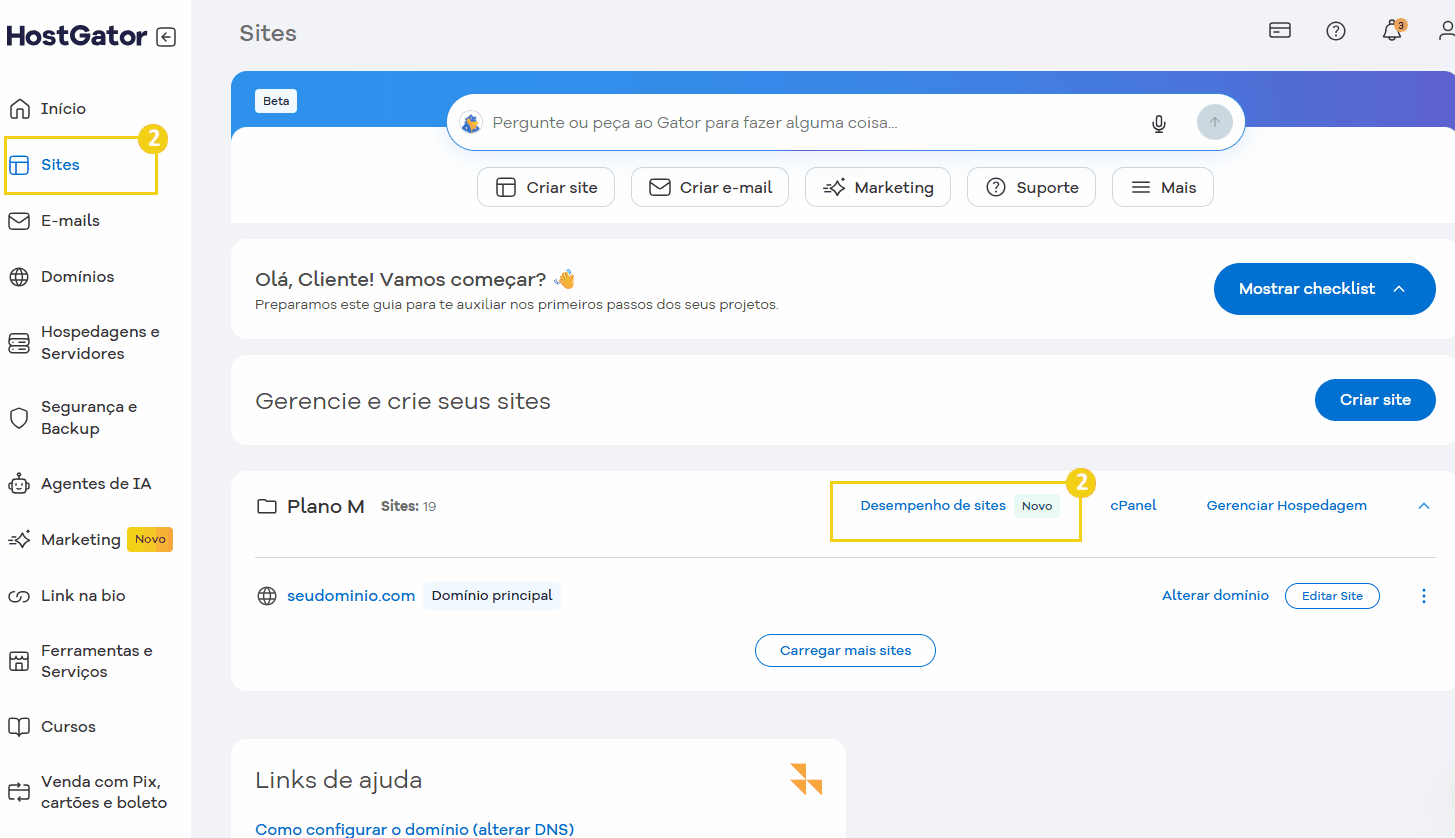 Tela de painel de controle do HostGator mostrando gerenciamento de sites, criação de site ou loja virtual, e configuração de serviços.