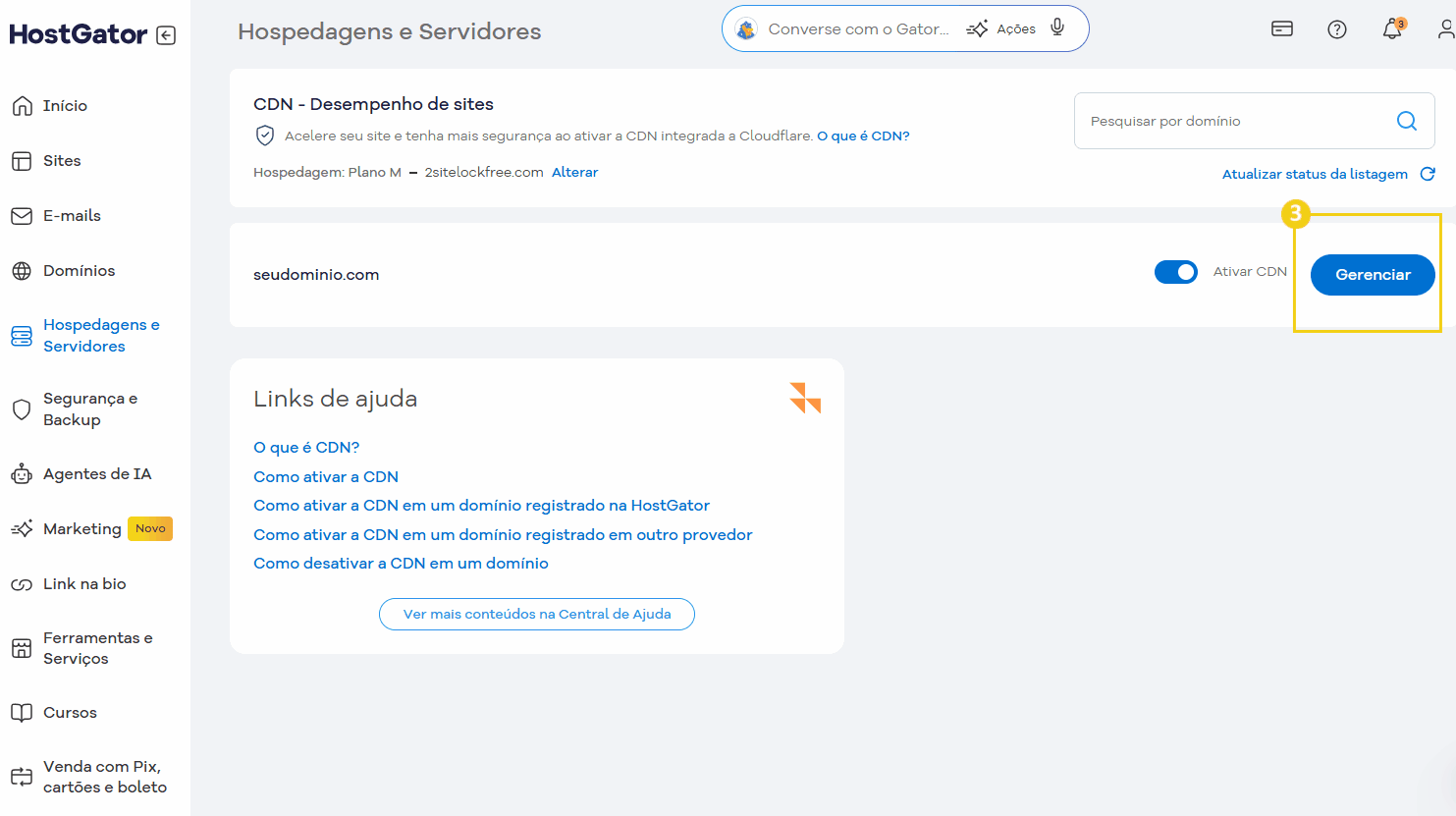 Interface do painel de controle do HostGator mostrando configurações de CDN e gerenciamento de hospedagem e servidores.