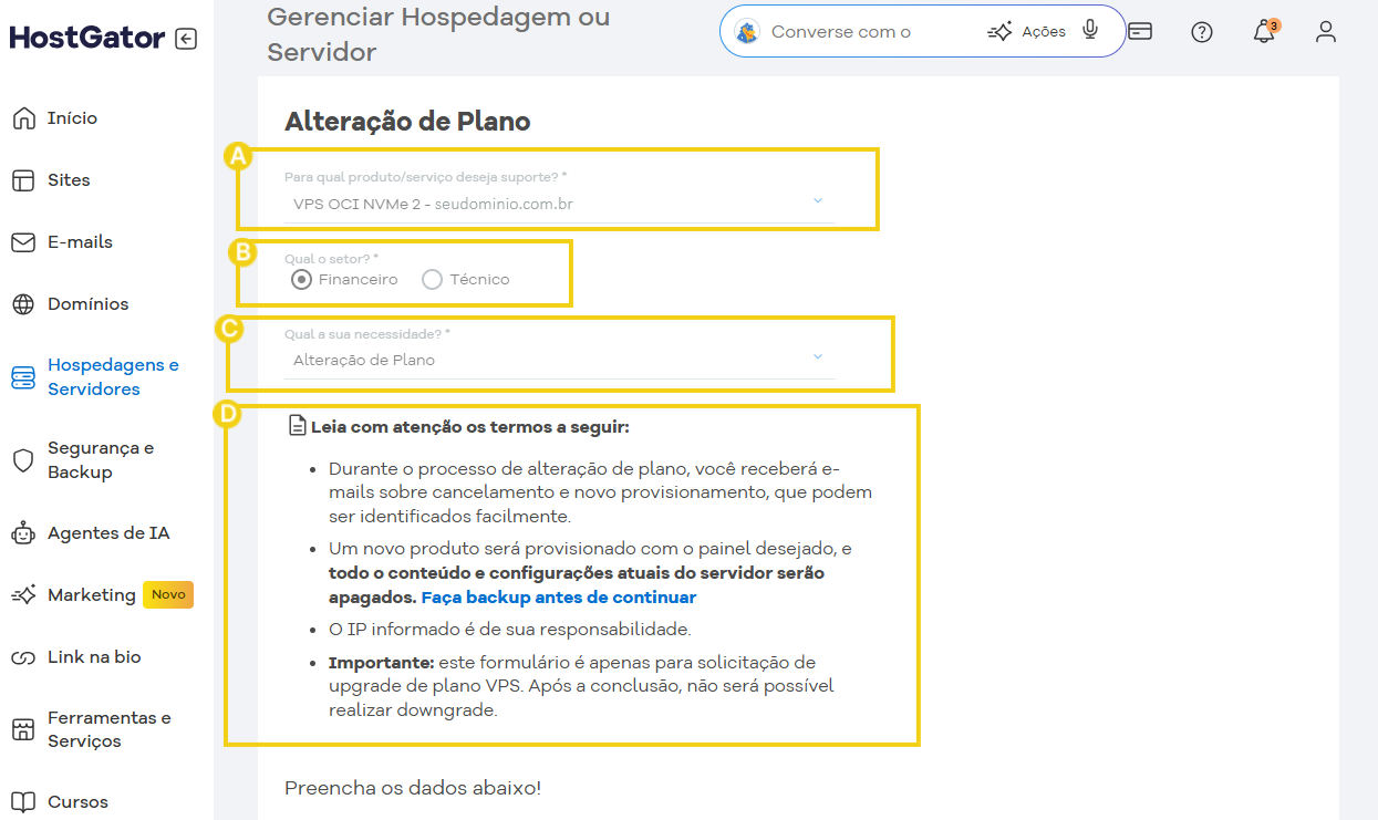 Tela do painel de gerenciamento de hospedagem na HostGator mostrando opções de alteração de plano para VPS ou servidor dedicado.