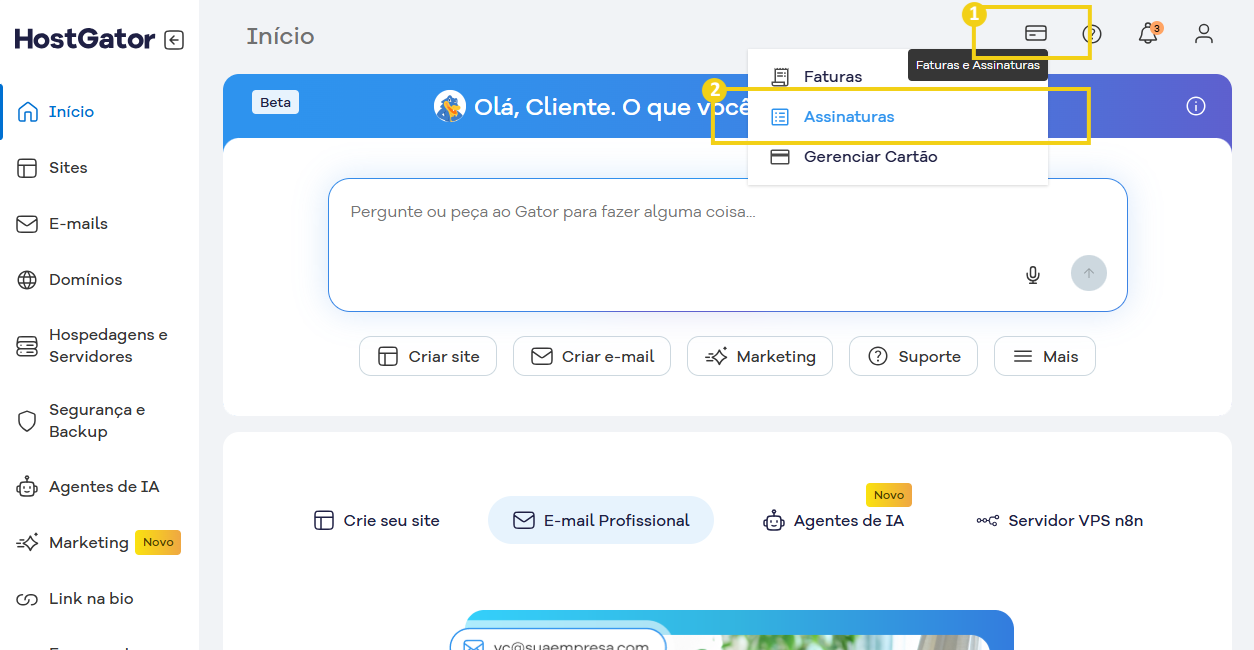 Tela do Portal do Cliente que destaca no menu superior o ícone de cartão de crédito e em seguida Assinaturas