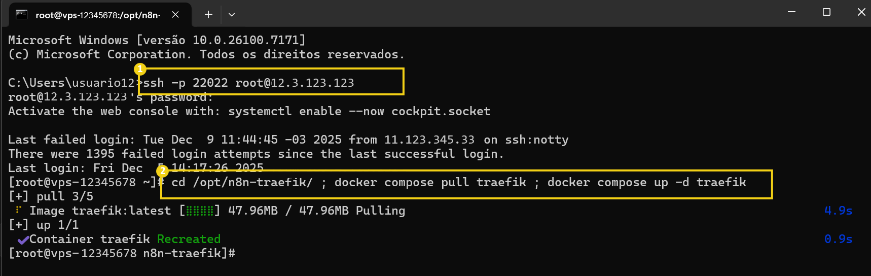 Imagem de uma tela de terminal exibindo comandos de Docker e Git, abrangendo atividades de pull, build e execução de containers, com detalhes técnicos visíveis.