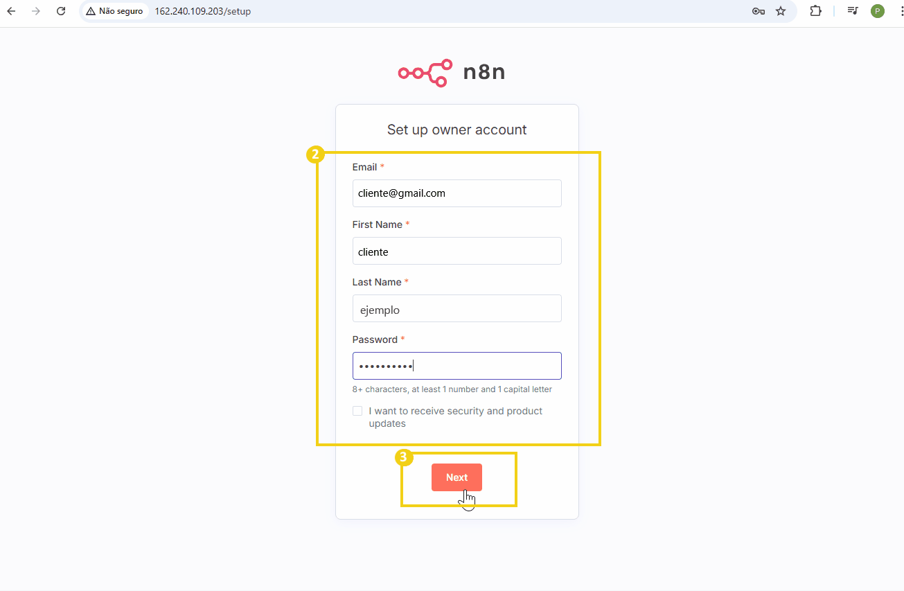 cadastro na tela do login do n8n quando é a primeira vez que se acessa