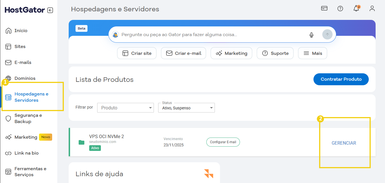Imagem mostrando a plataforma HostGator de gerenciamento de hospedagens e servidores, com opções para criar sites, e-mails, marketing e suporte.