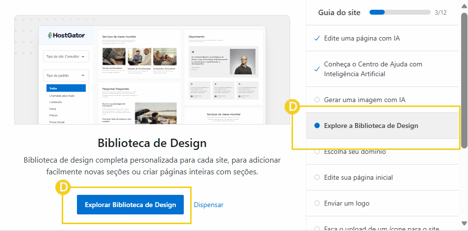 Imagem mostrando o painel de controle do Wordpress na HostGator com destaque da opção de Biblioteca de Design do HostGator, com destaque para o botão 'Explorar Biblioteca de Design' em azul e texto explicativo. 