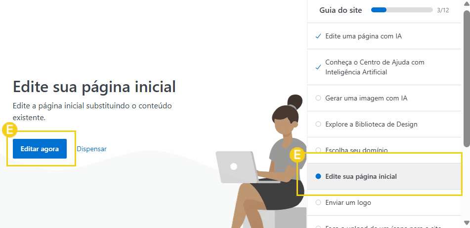 Imagem mostrando o painel de controle do Wordpress na HostGator com destaque de uma ferramenta de edição da página inicial.