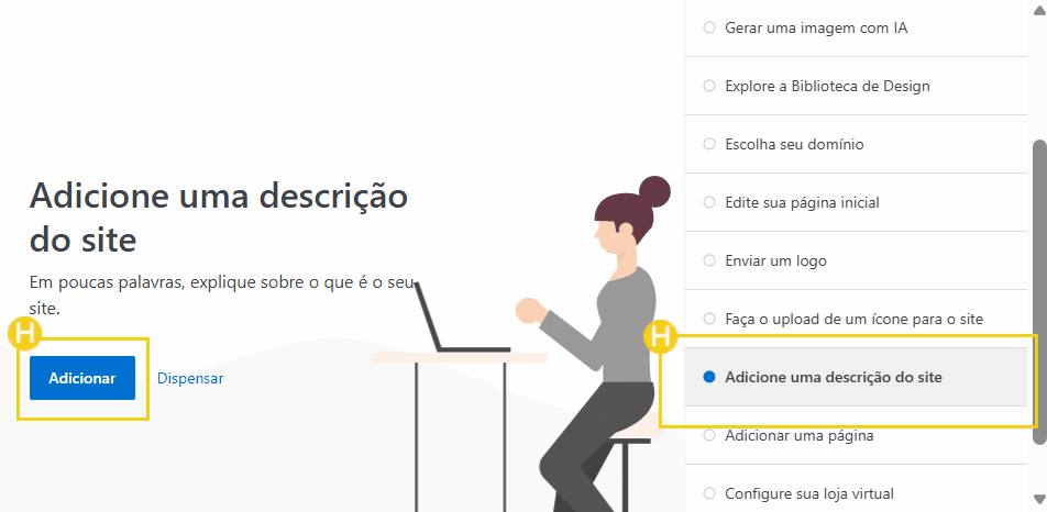 Imagem mostrando o painel de controle do Wordpress na HostGator com destaque para a opção de 'adicione uma descrição do site'.