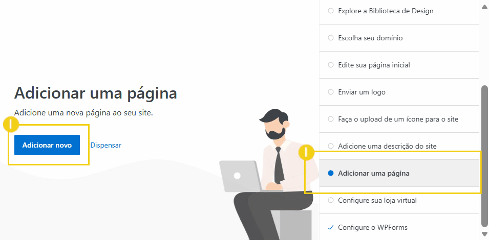 Imagem demonstrando o processo de adicionar uma página ao site no painel de controle, com destaque para o botão 'Adicionar novo' para otimização de SEO.