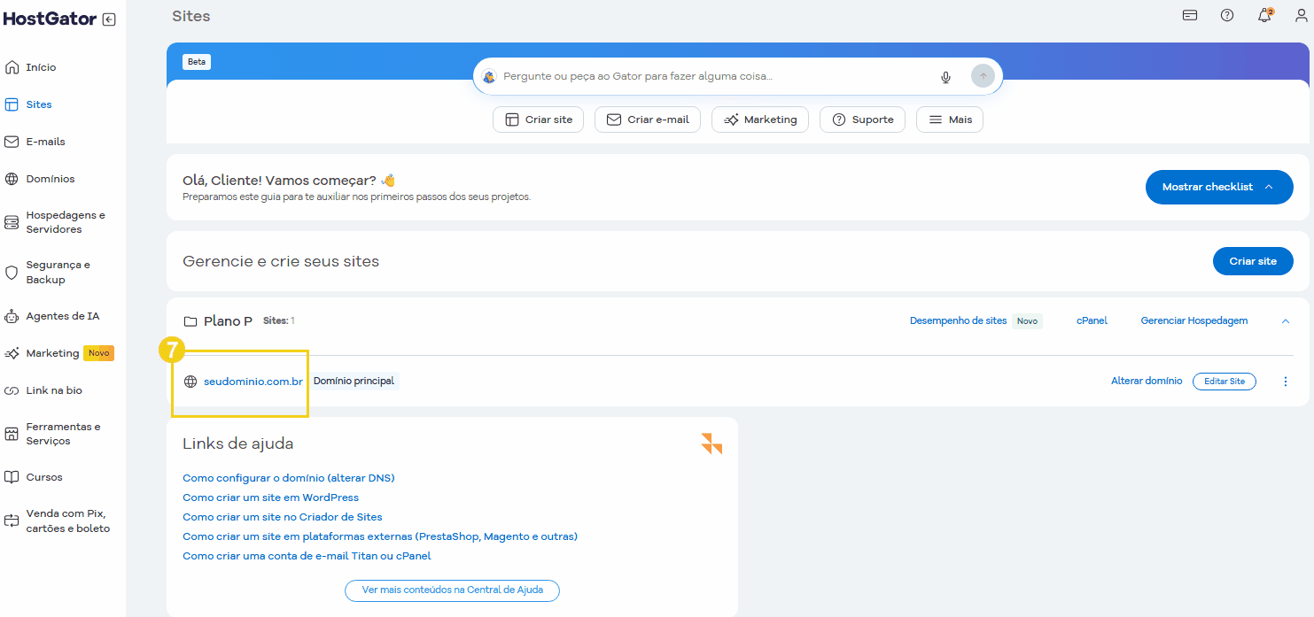 Imagem do Portal do cliente da HostGator mostrando como gerenciar, destacando o domínio que foi alterado.