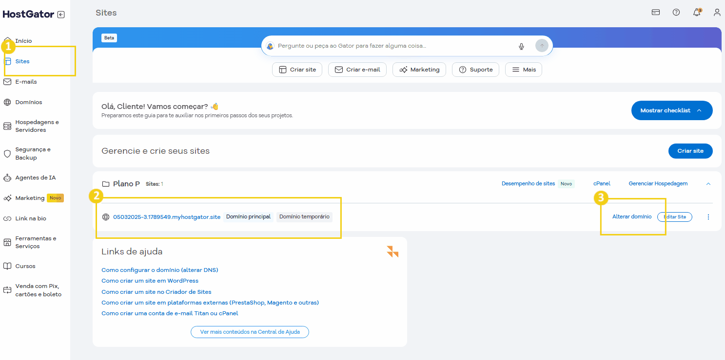 Imagem do Portal do cliente da HostGator mostrando como gerenciar, destacando os passos para alterar domínios.
