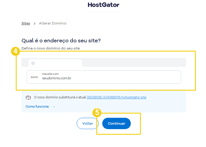 Tela de configuração do domínio no HostGator mostrando o formulário de endereço do site para troca de domínio.