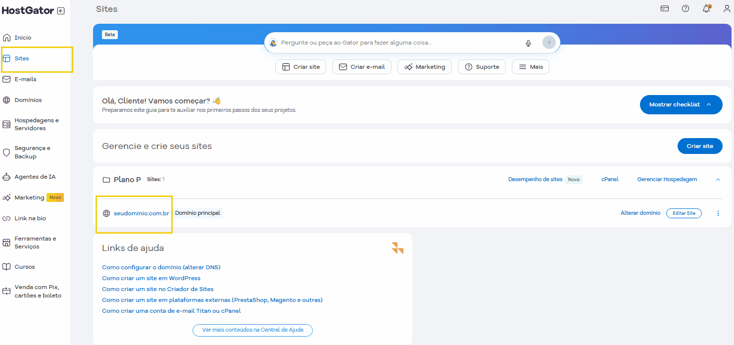 Imagem do Portal do cliente da HostGator mostrando como gerenciar, destacando o domínio que foi alterado.